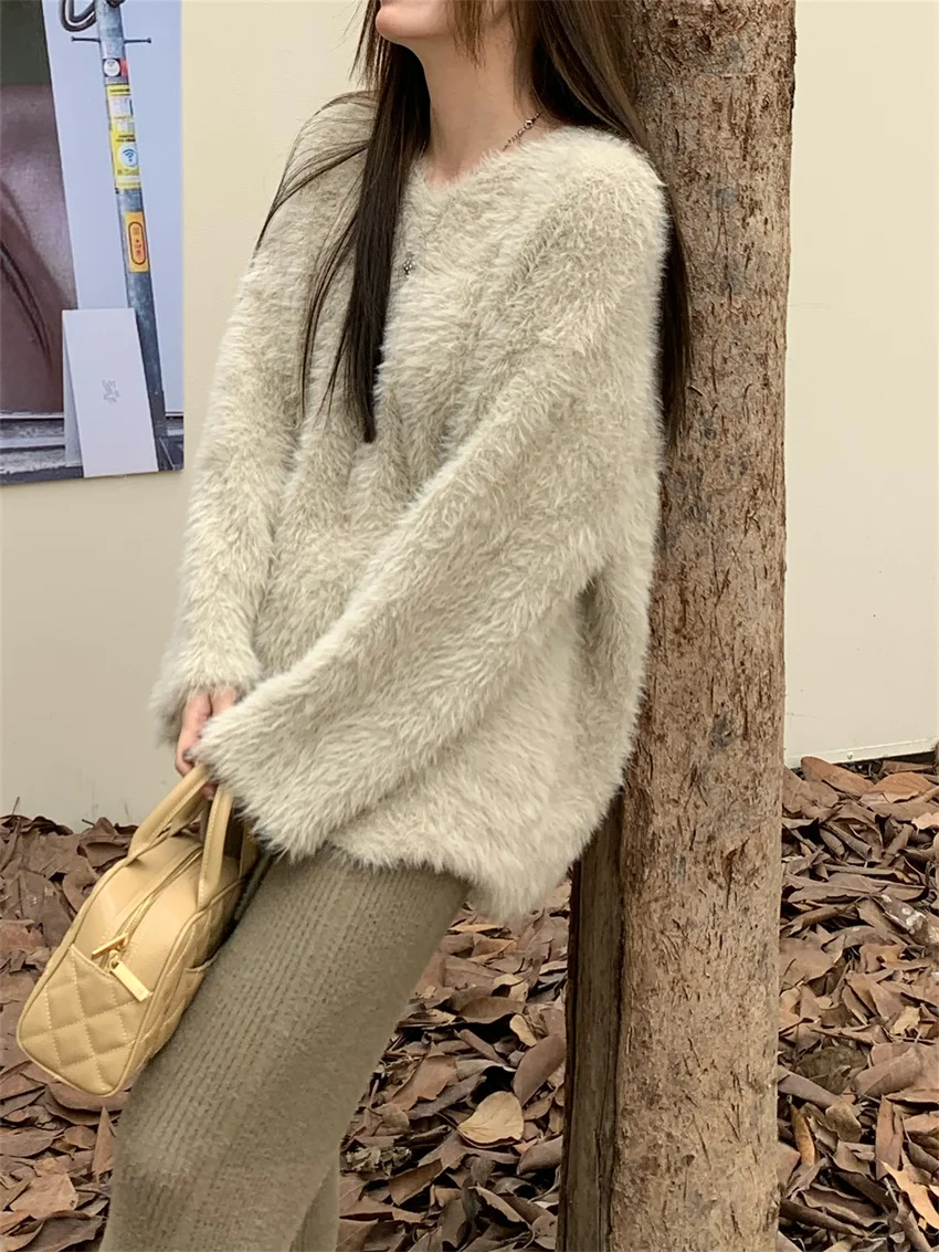 Plamtee Khaki Frauen lose Pullover schicke weiche lässige feste gestrickte sanfte Quaste Flare Hosen Büro Dame elegante Winter ol