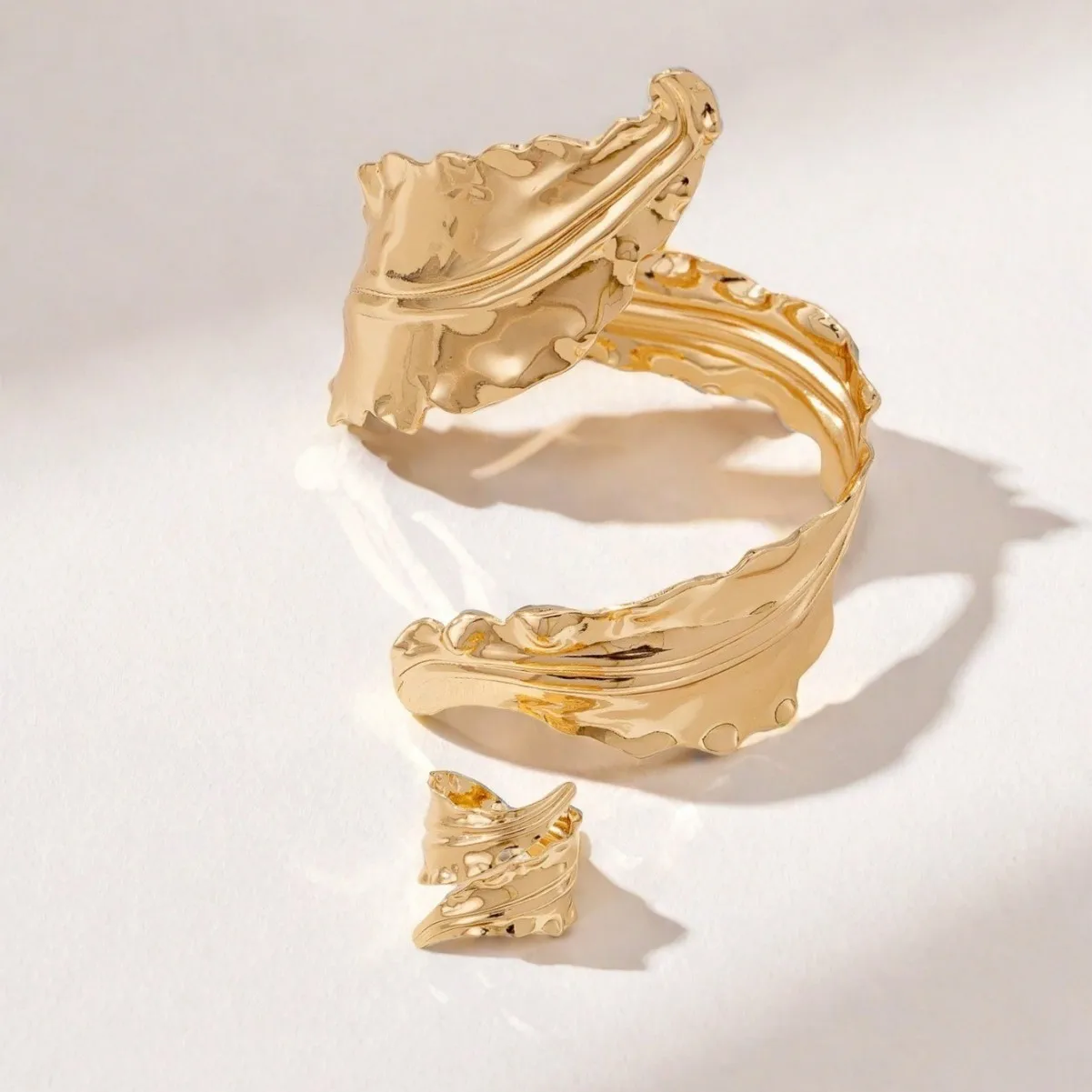 Bohemian Falten Blatt Armband Ring Set für Frauen Künstlerische Elegante Einstellbare Natur Stil Schmuck Party Schmuck Zubehör – Detail 4
