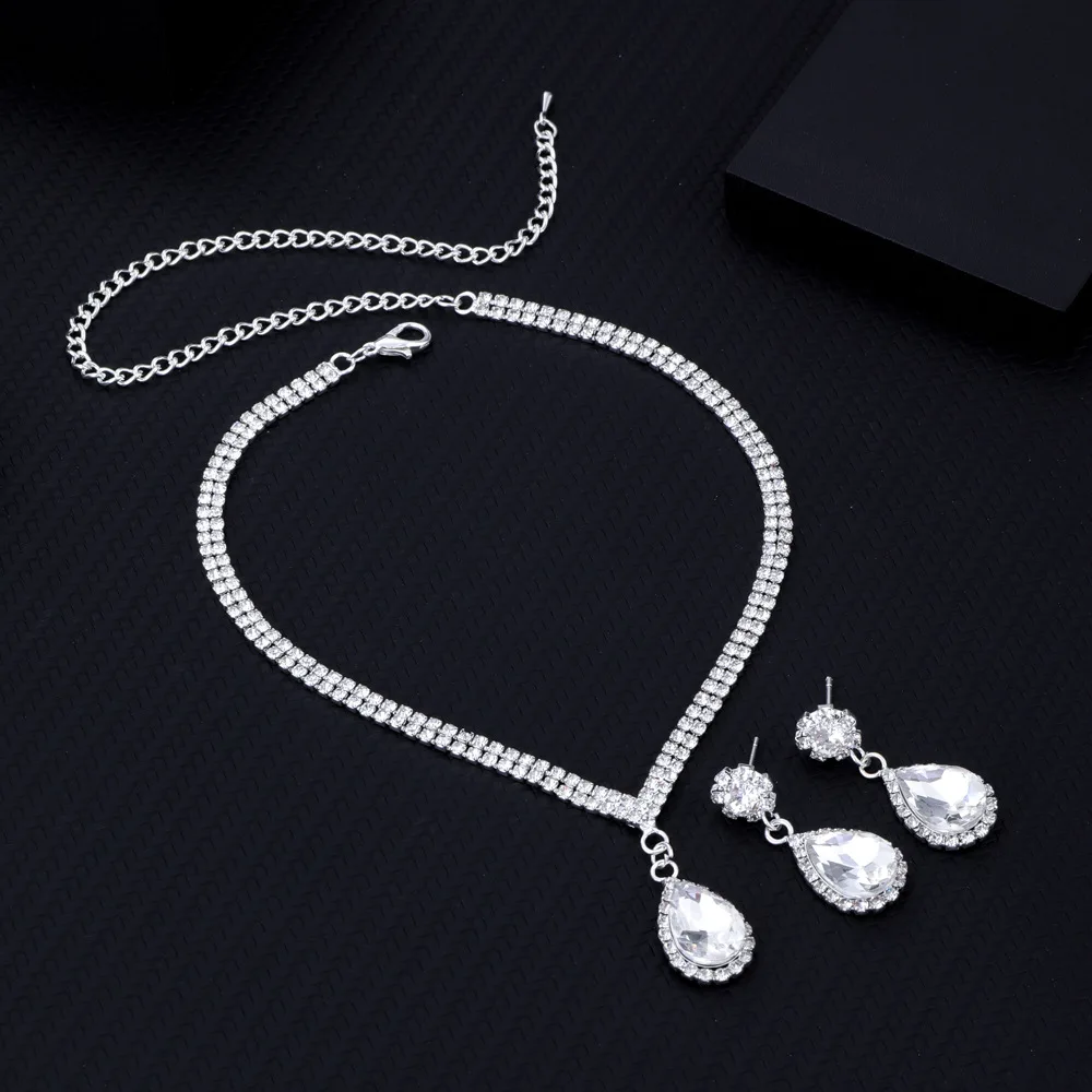 TREAZY Fashion Waterdrop StyleCrystal Women Jewelry Sets Sparkly Rhinetsones Necklace Earrings Bride Wedding Party  Jewelry Set