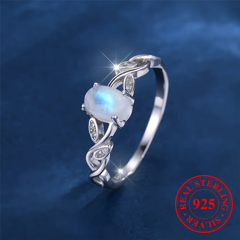 Cute Female Small Oval Nature Moon Stone Ring Vintage Real 925 Sterling Silver Wedding Jewelry For Women