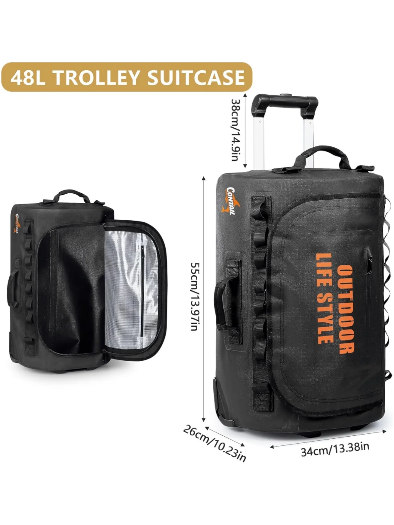 حقيبة غوص بعجلات رالي 48/95، حقيبة أمتعة بعجلات، حقيبة مقاومة للماء مع مقبض جر تلسكوبي مزدوج القطب، مقبض وحزام كتف على الظهر قابل للفصل، ثلاثة أوضاع حمل للمعدات المرنة ومريحة، مناسبة لمعدات الغوص، باللون الأسود #4