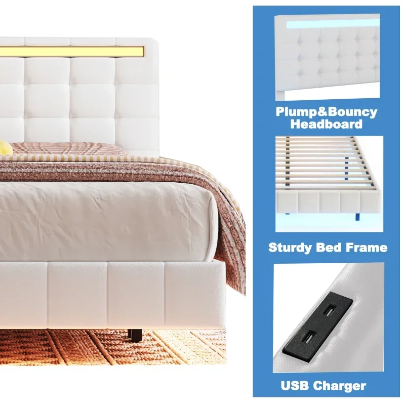 FashionVisual Floating Queen Size LED Floating Bed Frame With Storage Headboard Upholstered Platform，with Charging Station
