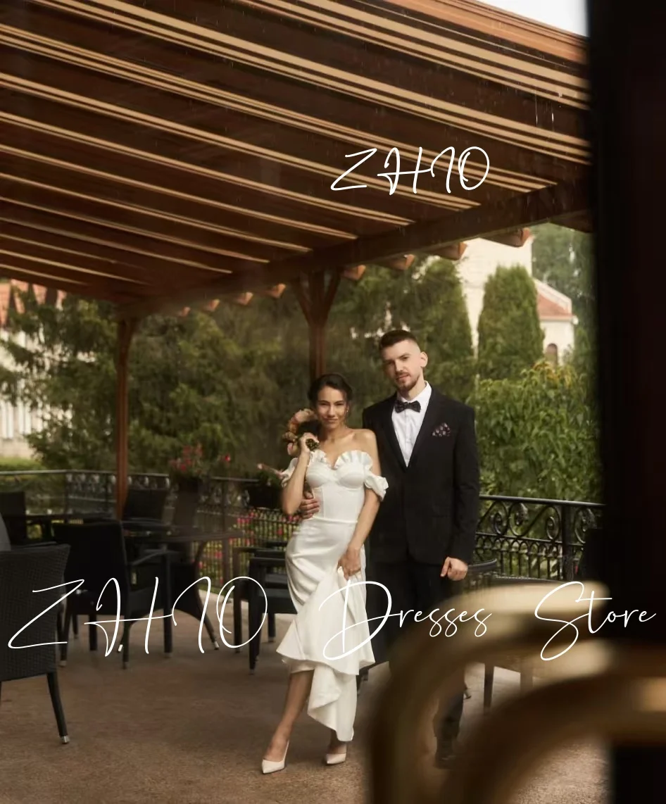 ZHIO فستان أنيق لحفلات الزفاف على شكل قلب بدون أكتاف مكشكش حورية البحر سويب تراين من الساتان فستان زفاف مخصص فيستدو دي نوفيا