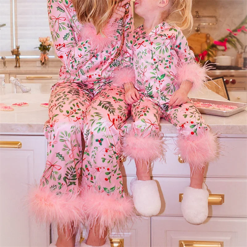 

Xingqing Christmas Family Matching Pajamas Set Floral Print Long Sleeve Tops and Pants with Feather Trim Sleepwear Loungewear