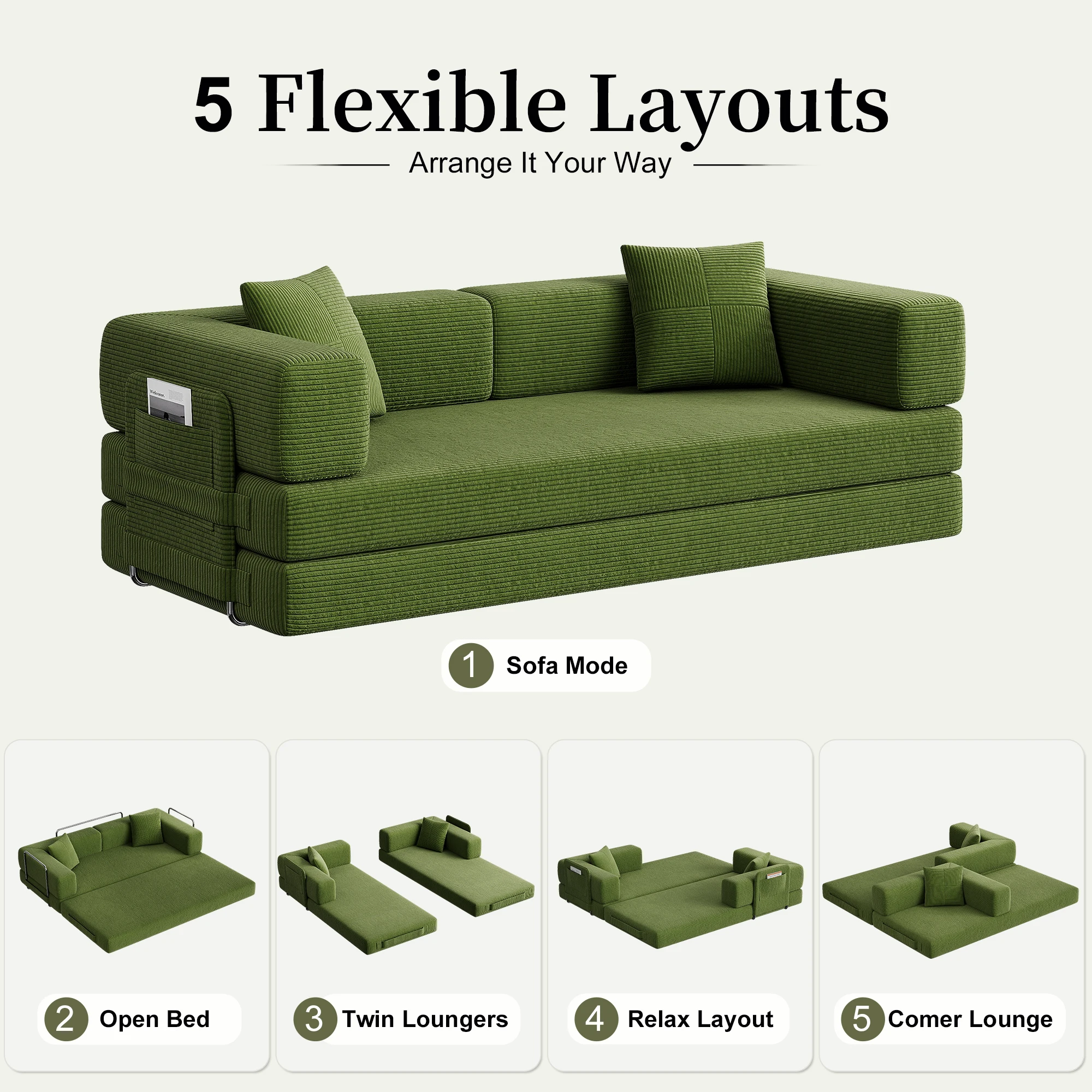 Modular Floor Sofa Frameless Compression Straight Couch 3 Seater Convertible Lazy Sofa High Density Foam Corduroy Upholstered Living Room Apartment Furniture view 8