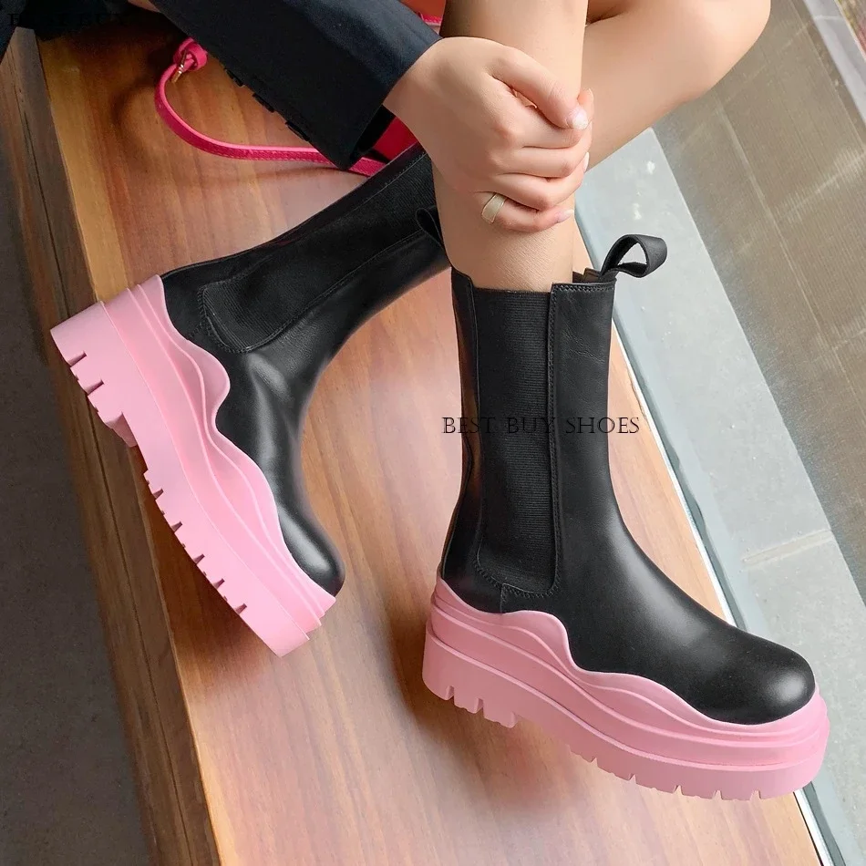 

size 45 Thick Bottom Heel Chelsea Women Boots Shoes Ankle Spring Female Casual Shoes For Women Genuine Full Grain Cow Leather