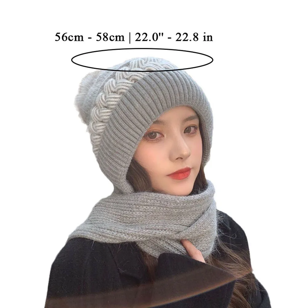 Conjunto de gorro y bufanda 2 en 1 coreano para mujer, gorro tejido con pelo de conejo cálido para invierno, protección para los oídos para ciclismo, gorro acolchado a prueba de frío para el cuello