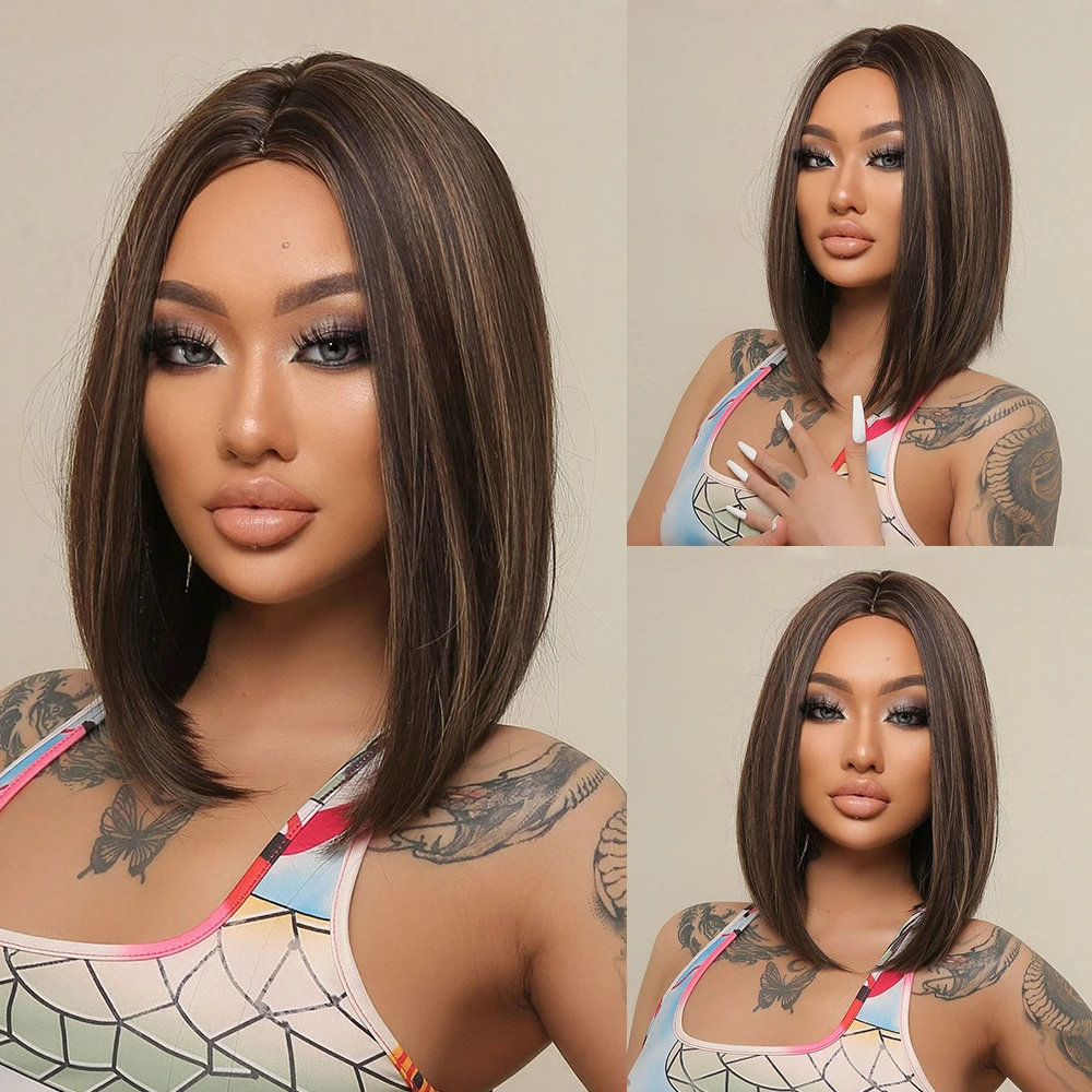 Brown Highlight Bob Synthetic Hair Wigs Middle Part Short Straight Wig for Women Daily Party Use Fake Hair Heat Resistant Fiber