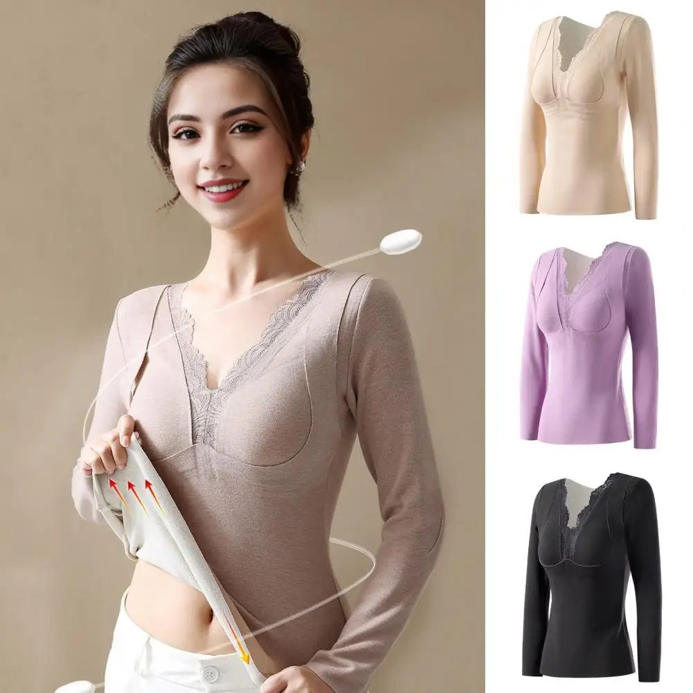 Bottoming Tops with Built-in Cups Double Layer Thermal Bottoming Tops with Chest Pads for Winter Warmth Long Sleeve Pullover