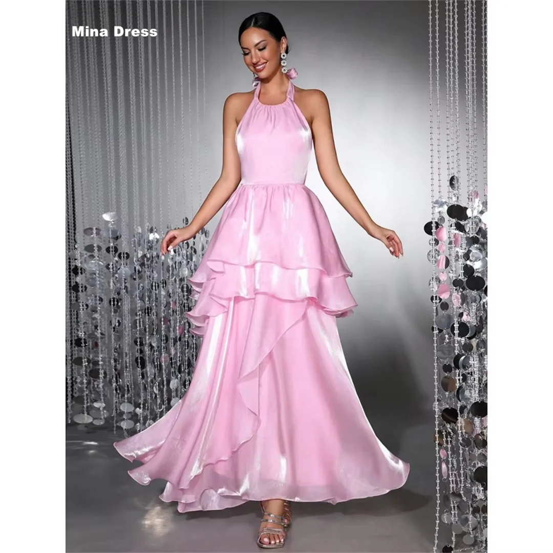 Mina Maßgeschneiderte Rosa Abendkleider Hochzeitskleid Ärmellos Mehrschichtig Neckholder Ballkleider 2026 Luxuriöse Rückenfreie Damenkleider