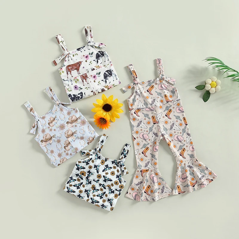 

2023-03-09 Lioraitiin 0-4Years Kids Baby Girl Suspender Jumpsuit Summer Bull Head Floral Print Rompers Flared Romper Pants