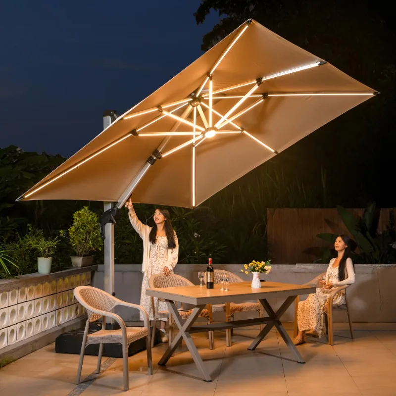 360 Rotation Solar Power Fibre Glass Patio Umbrella Sunshade Rainproof Outdoor Garden Sun Parasol Beach Cantilever Umbrellas