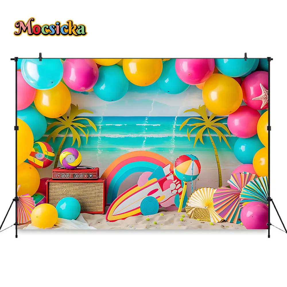 Mocsicka Photography Background Summer Seaside Swimming Birthday Party Surfboard Balloon Backdrop Boy Girl Cake Smash Photozone