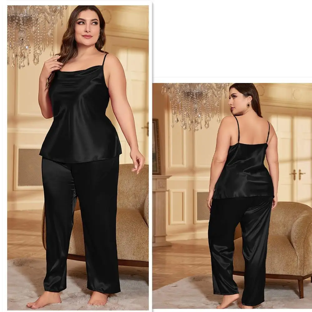 Big Size XL-5XL Pajamas Set WOMEN Sleepwear Pyjamas Suit V-Neck Nightwear Trouser New Summer Casual Silky Satin Home Wear