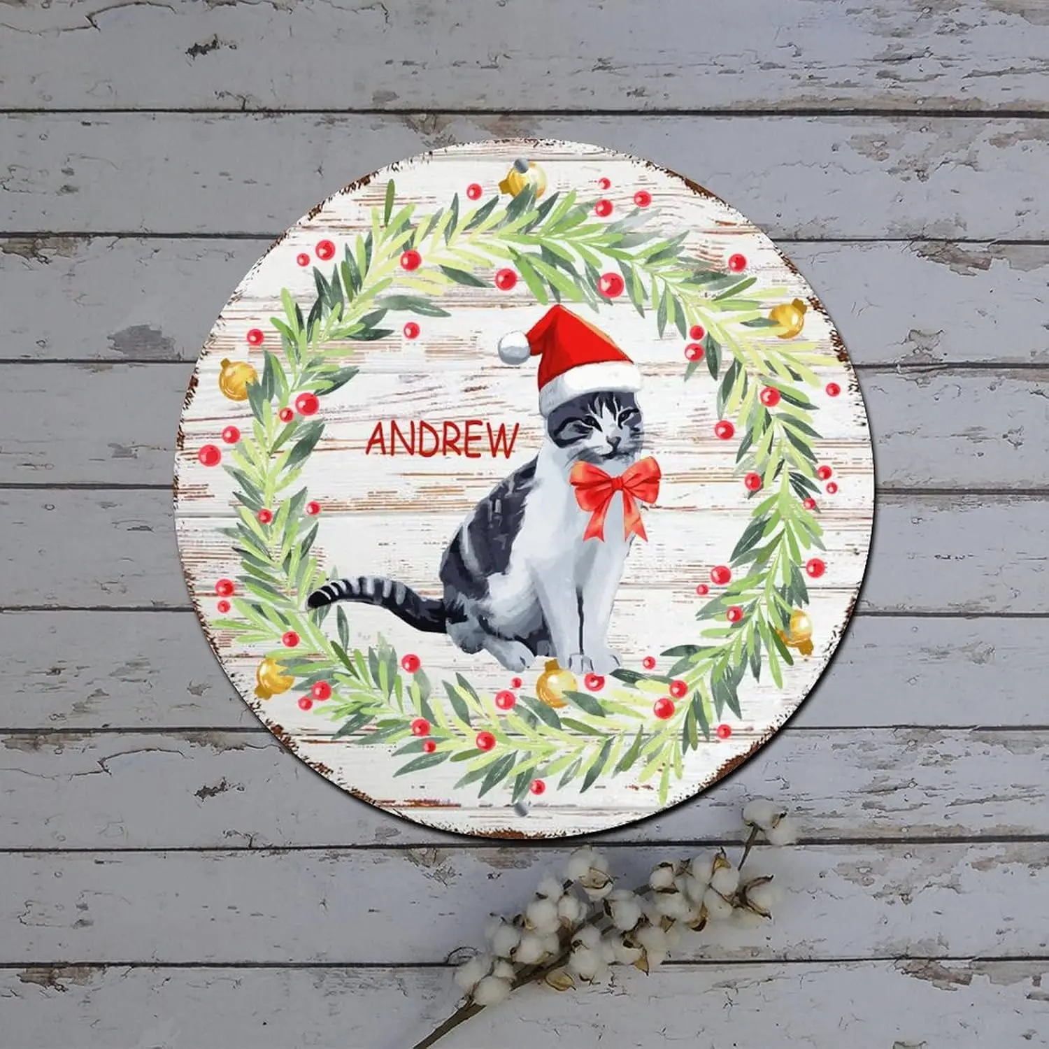 Outdoor Merry Christmas Sign Custom Cat Name Holly Wreath Round Metal Tin Sign Christmas Wall Decorations Vintage Aluminum Sign