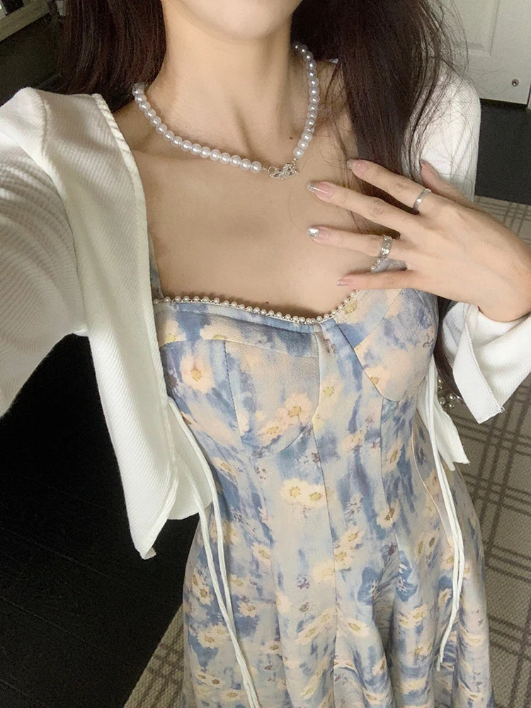 Summer Floral Print Halter Dress Women's Beach Vacation Painting Long Dress Cardigan Layering Whole Set French Style High Wai...