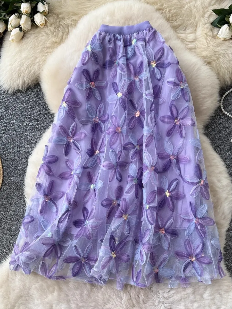 Foamlina الفرنسية رومانسية شبكة تنورة المرأة الصيف مرونة الخصر ثلاثية الأبعاد الأزهار ألف خط رائع طويل نصف تنورة Holdiay التسوق