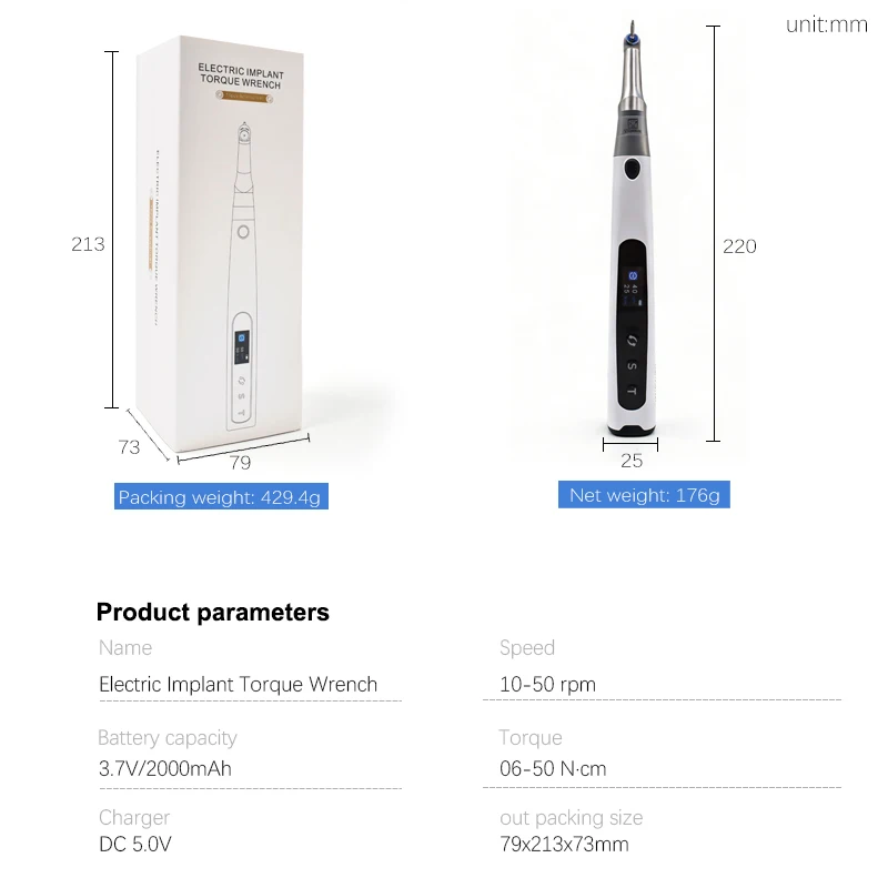 Wireless Dental Implant Torque Wrench, 10-50RPM 6-50N.cm Rechargeable Surgical Tool