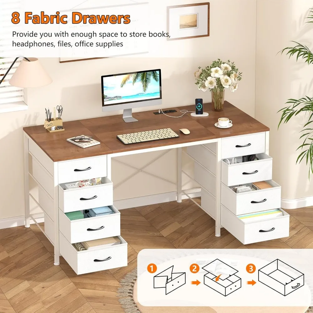 50 Inch Computer Desk with 8 Drawers, Home Office Desk with Power Outlets, Work Study Gaming Desk with 8 Fabric Drawers, Brown a