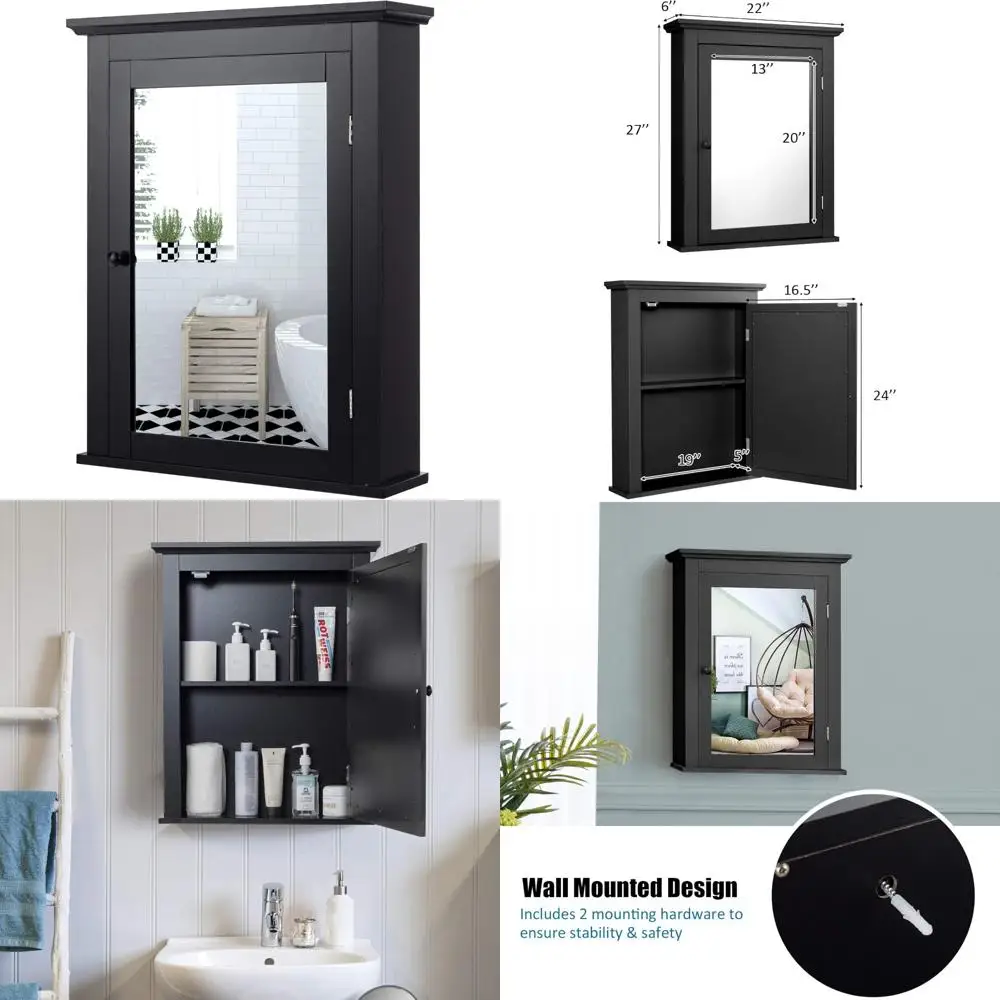 خزانة تخزين الحمام ذات المرآة المثبتة على الحائط مع باب واحد ورف قابل للتعديل