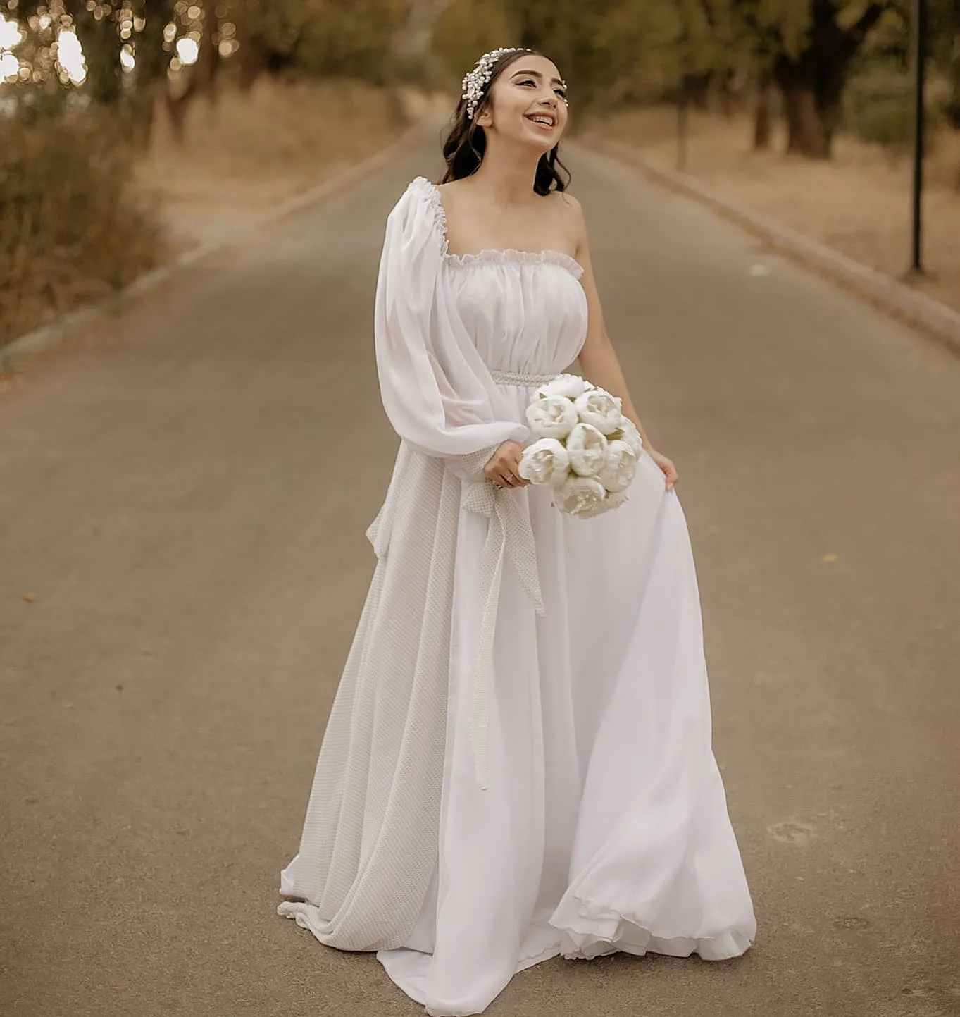 

White Women Pregnant Prom Dress For Photoshoot Puffy Sleeves Wedding Maternity Party Robes Evening Gown Customized Skirt