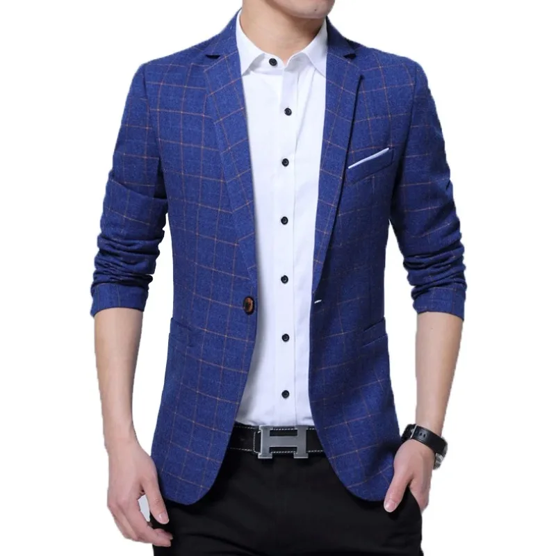 

Autumn Fashion Men Blazer Slim Fit Plaid Suit Jacket Leisure One Button Fine Fabric Polyester Mens Designer Blazers