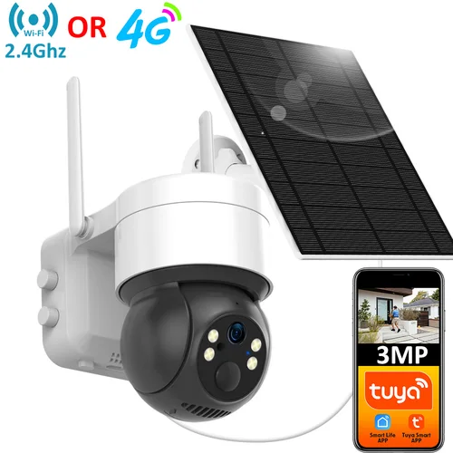 Imagen 1 del producto Tuya SmartLife WiFi/4G tarjeta Sim 3MP WiFi batería seguimiento de movimiento Solar detección humana Color visión nocturna cámara CCTV PTZ al aire libre