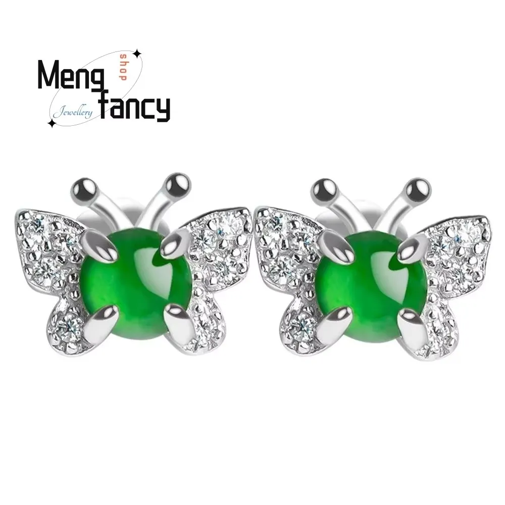 S925 Silver Inlaid Natural A-goods Jadeite Positive Green Butterfly Ice Jade Earrings Elegant Exquisite Luxury Fashion Jewelry