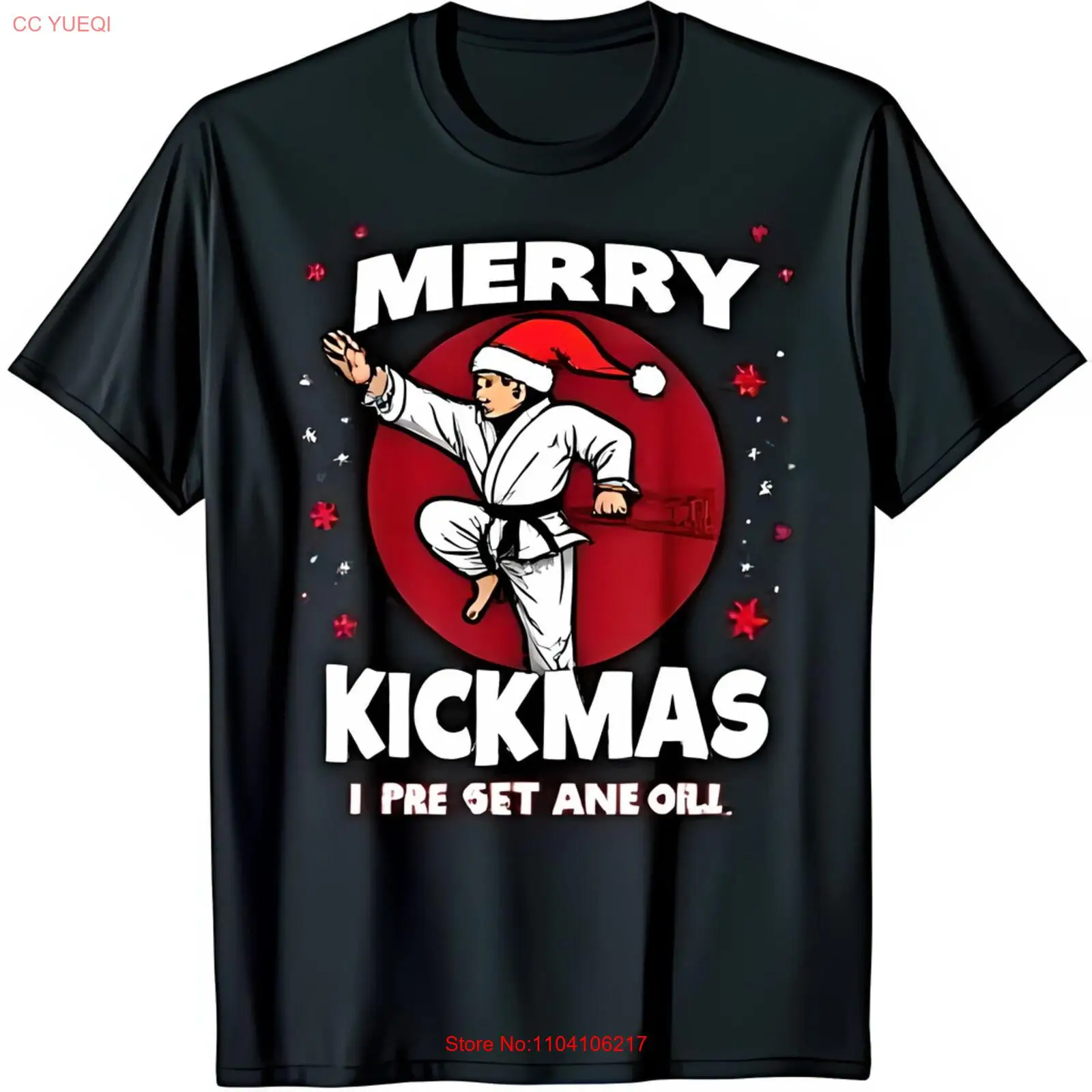 

Забавная черная футболка Merry Kickmas, каратэ Санта с красным поясом и звездами