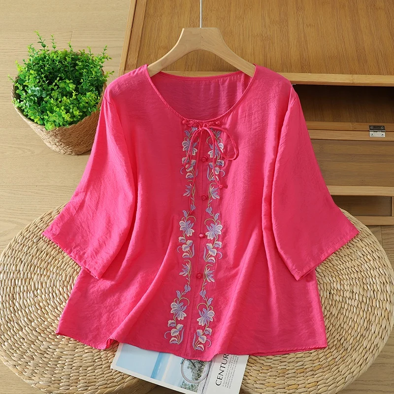 

High-End plus Size Women's Cotton Linen Suit Top Casual Pants Embroidery Two-Piece Set Summer New Style National Style Commut...