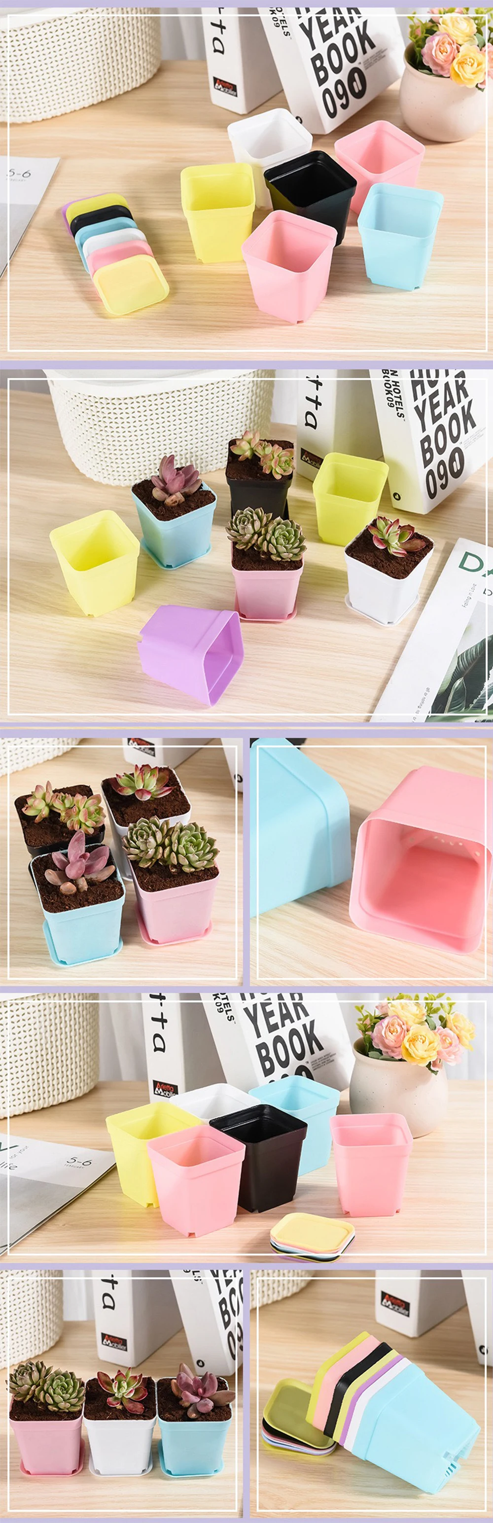 20 Teile/satz Candy Farbe 7cm Platz Mini Blumentopf mit Tablett Büro Desktop Anlage Wachsen Container Sukkulenten Topf Garten Kindergarten ZYF – Detail 3