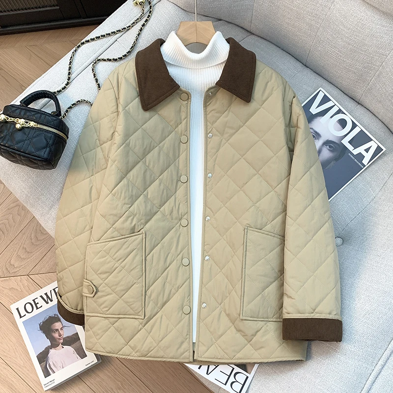 Winter New Style Loose Fit Thin Cotton Jacket Women's Pure Color Barn Style Warm Collar Open Cardigan Polyester Fiber