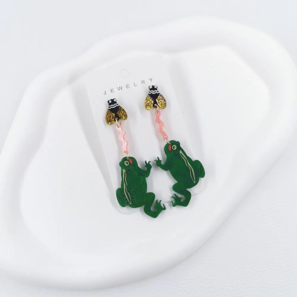 Personality Eating Flies Frog Acrylic Earrings Exaggerated Insect Form Frog Acrylic Earrings Interesting Mosquitoes