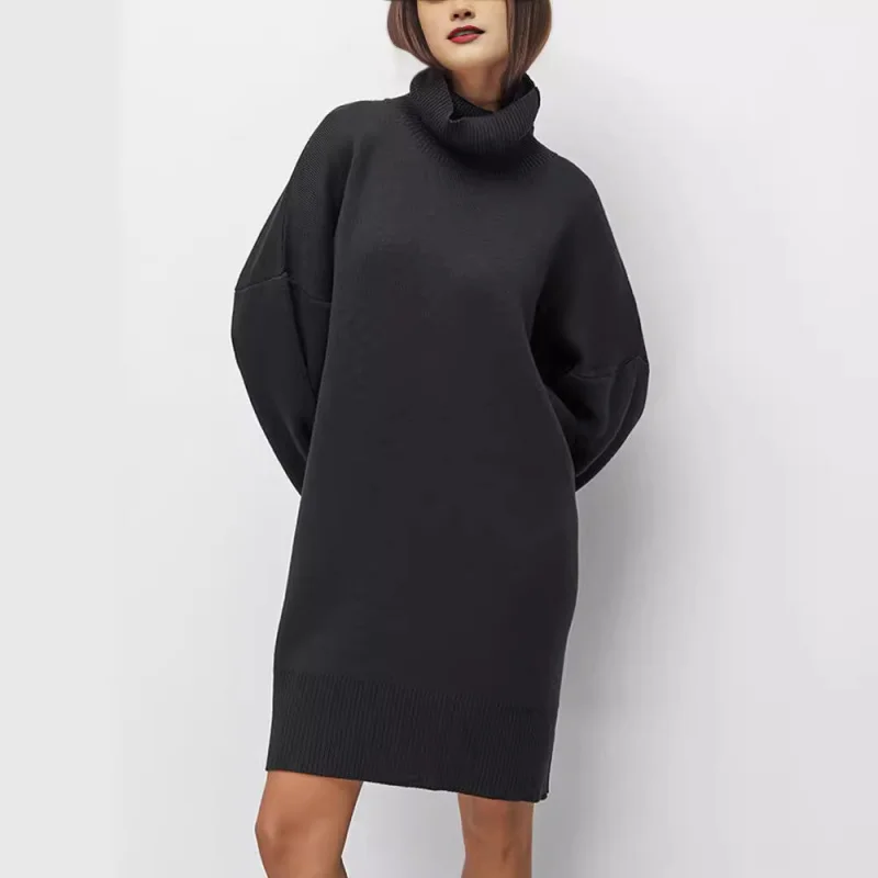 

Женский свитер средней длины с высоким воротом, осень-зима, европейский и американский стиль, свободный крой, пуловер в рубчик с длинными рукавами