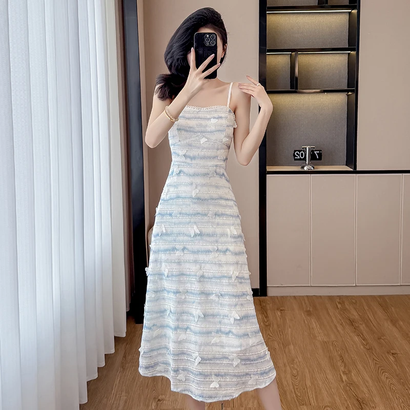

French Romantic Sweet Camisole Dress Women Butterfly Decoration Elegant Dresses Summer New High Waist Slim Holiday Long Dress