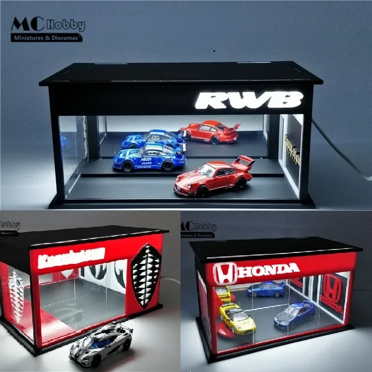 MC Hobby 조립 LED 조명 디오라마 자동차 쇼룸 차고 RWB 모델 자동차, 1:64