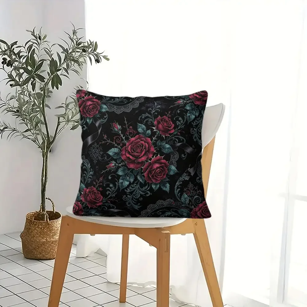 Rose Lace Black Background Digital Print Throw Pillow Cushion Accent Pillow Core 45×45cm Gothic Sofa Decor