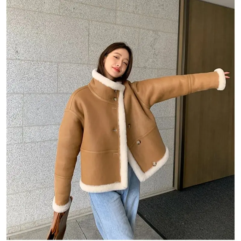 Lady 2024 Faux Leather Fashion Wool Jackets Women Fashion Real Wool Lamb Fur Coat Winter Jacket LSBH69