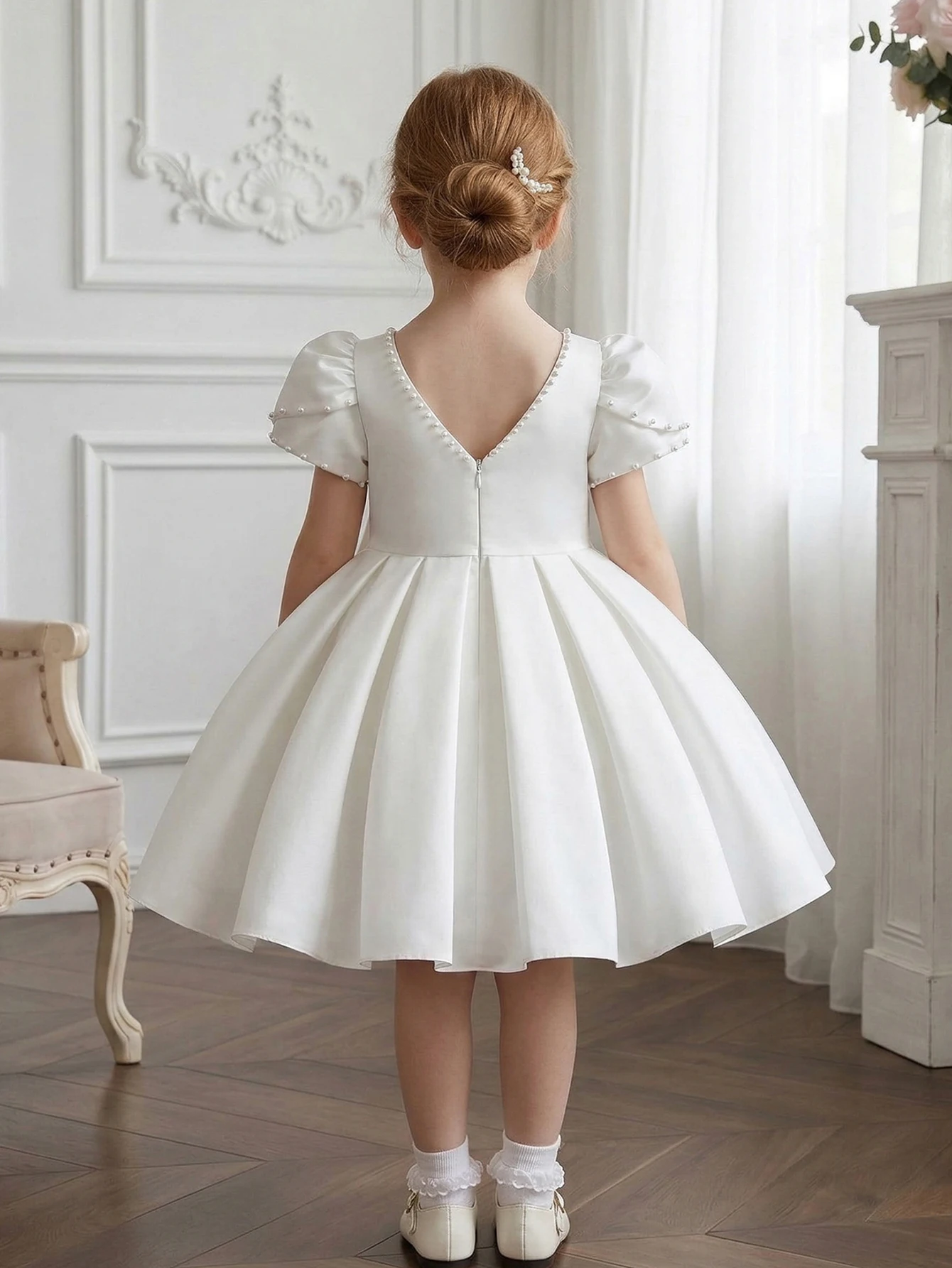 Girls' Little Princess Dress,Flower Maid,Birthday Party,Wedding,Festival Formal Dress,White Satin Texture Fabric,Evening Dress