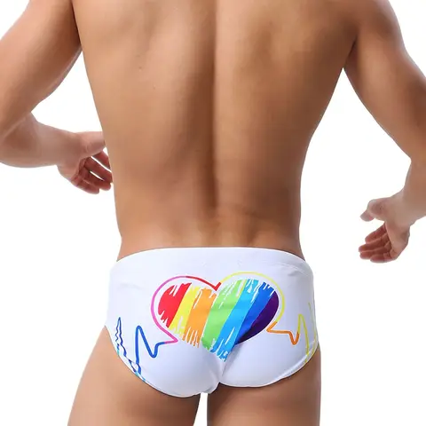 남성용 섹시한 수영 트렁크, 레인보우 스트레치 목욕 세트, 남성 서핑, 여름 해변 스포츠 바지, 패딩 푸시업 수영복