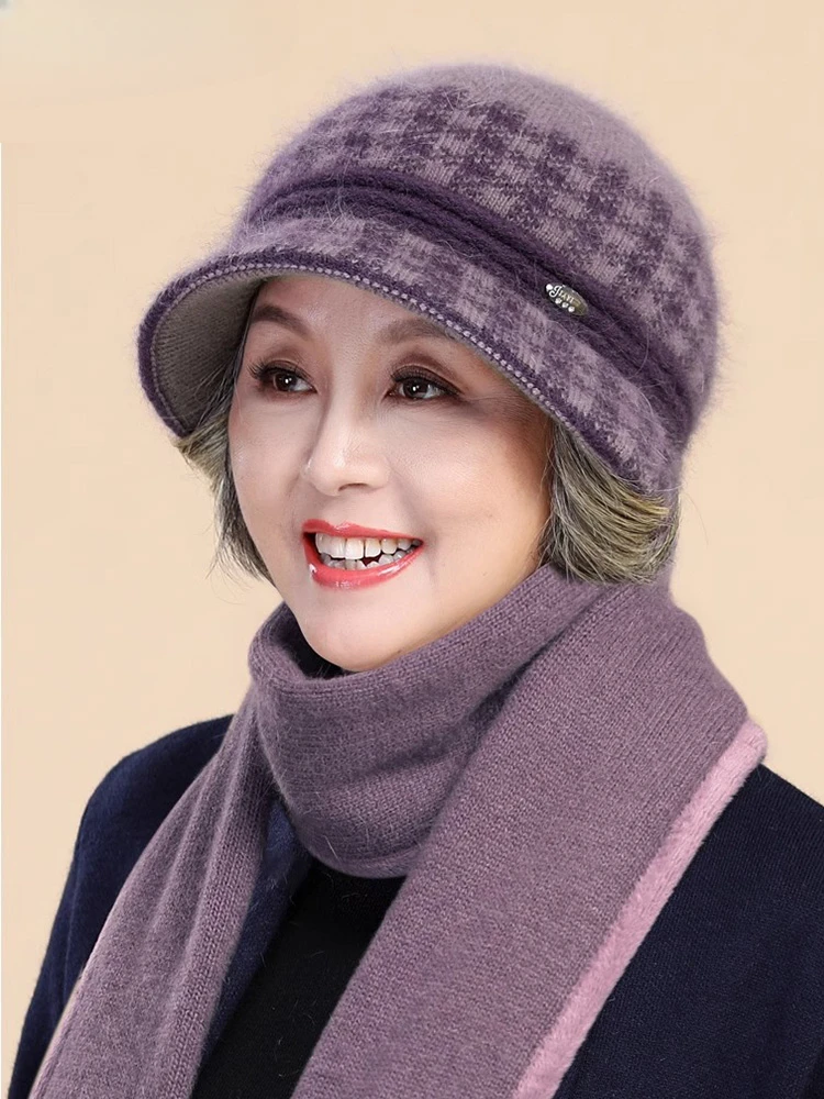 Middle-aged and elderly hat ladies autumn and winter mom warm plus velvet pot hat old lady grandma knitted beanie