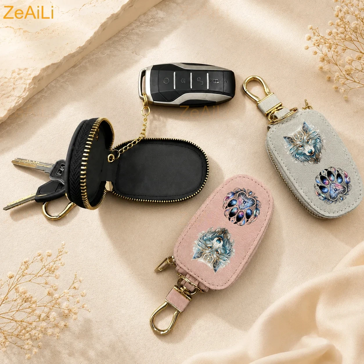 Retro Wolf Head Paw PU Leather Key Case, Unisex Key Bag, Universal Portable Large Capacity Multifunctional Car Key Chain