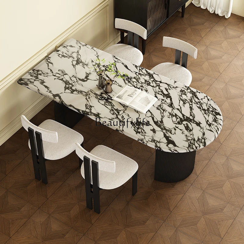 

French marble dining table rock slab household solid wood light luxury stone simple semi-round dining table