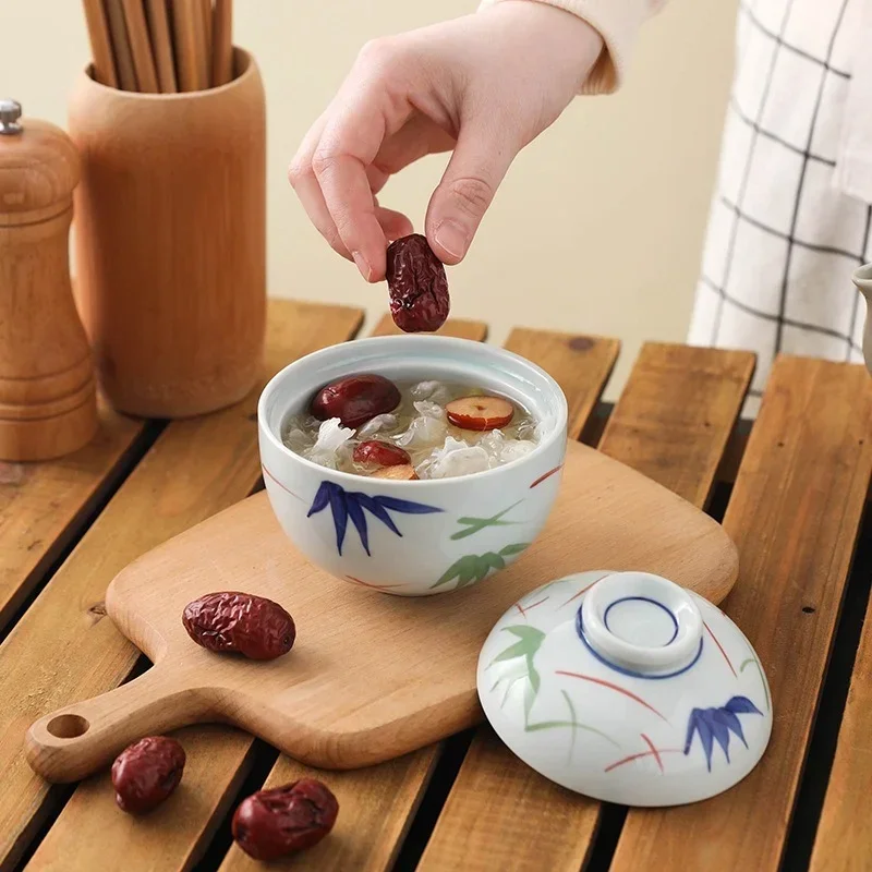 Porcelain Cover Bowl Korean Hand Painted Bamboo Leaves Steamed Egg Cup Ceramics Dessert Bowl Multifunctional Snack Plate