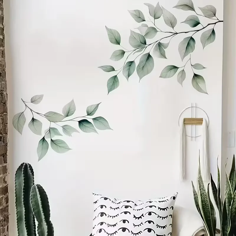 1pc Fresh Green Leaf Branch Themed Wall Decal with Natural Plant Elements, Suitable for Bedroom, Living Room, Study, Office