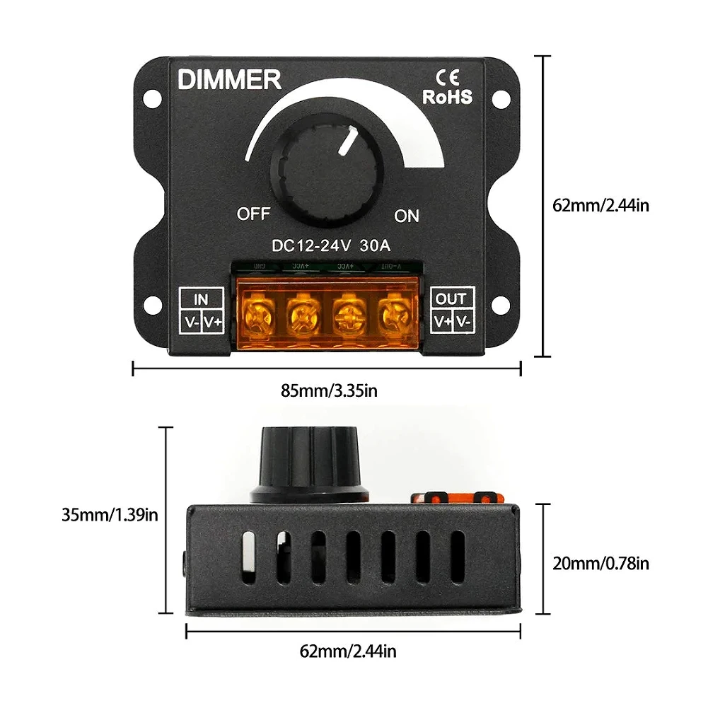 DC 12V 24V LED Dimmer Switch 1/2pcs 30A Voltage Regulator Adjustable Controller For LED Strip Light Lamp LED Dimming Dimmers