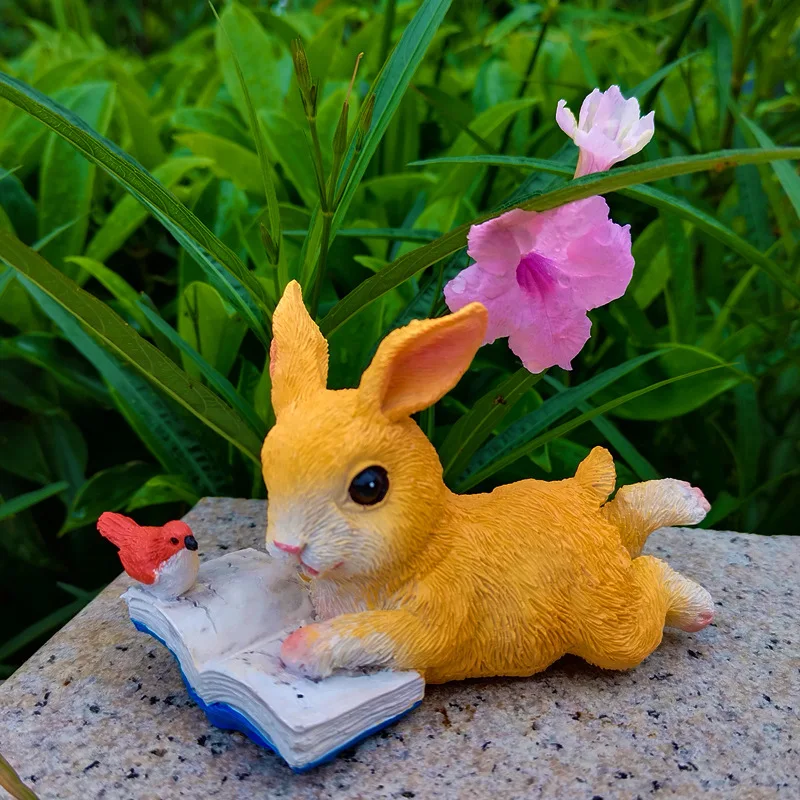 Adorable Rabbit Reading Garden Ornament- Animal Figurine for Window Sill Bonsai & Kindergarten