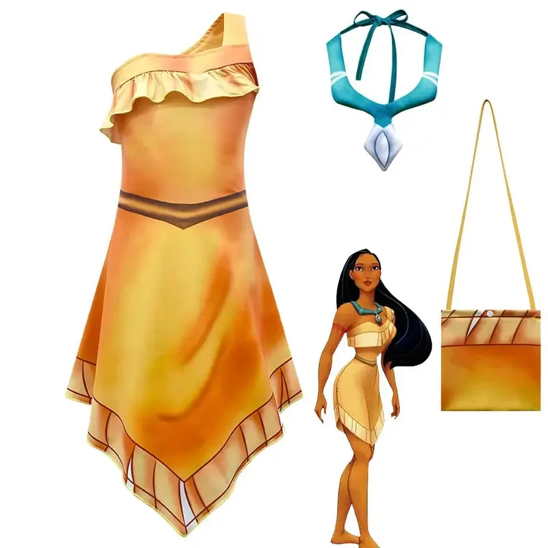 

Girls Pocahontas Princess Dress With Necklace Bag Kids Beach Indian Clothing Halloween Birthday Party Dress Up Cospaly Costume