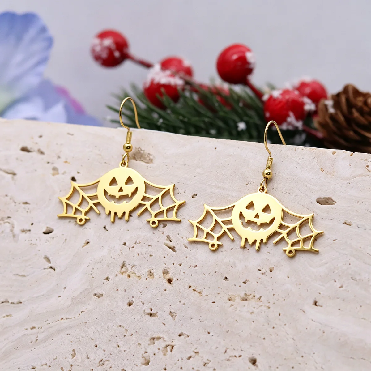 QIAMNI Stainless Steel Ghost Pumpkin Spider Web Dangle Earring Funny Halloween Drop Earrings Piercing Jewelry Gift for Women Men