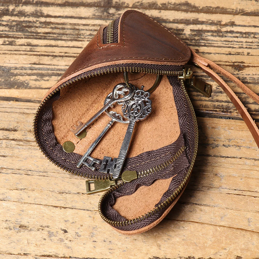 LUOKIR Creative Vintage Genuine Leather Key Pouch Pure Cowhide Handheld Mini Bag Zipper Car Key Coin Purse